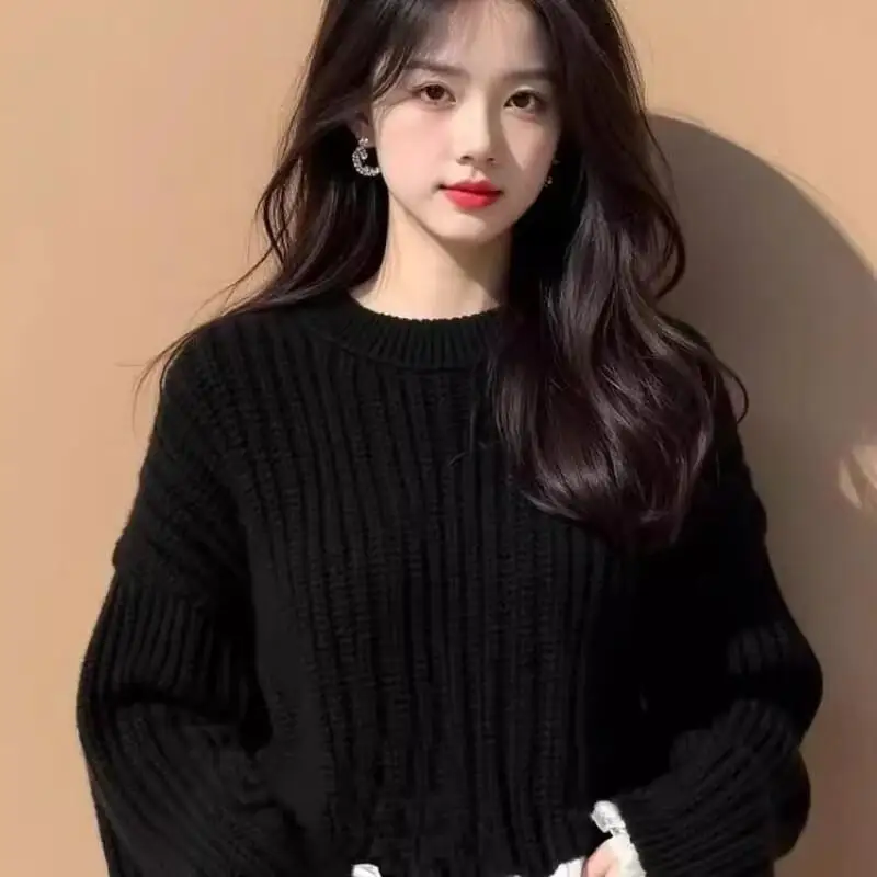 

sweater knit Knitwear Woman clothes winter 2025 Women's sweater Pullover clothes woman cozy tops Black Lace Sleeves Chunky Knit