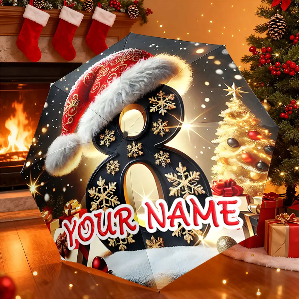Custom Name Umbrella， Customizable Christmas Santa Hat Umbrella with Festive Design ,Portable Folding Umbrella, Christmas Gift