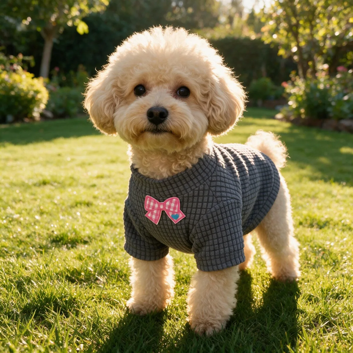 Waffle Grid Flower Embroidered Pet Shirt, Back Upper Right Cute Floral Short Sleeve Breathable Dog Top