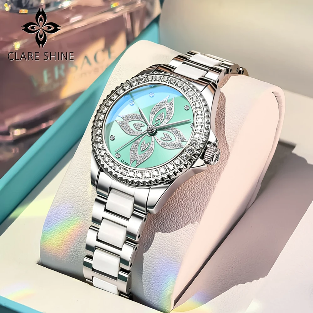 CLARE SHINE Diamond Women's Watches Fashion Wave Strap Luxury Quartz Wrist Watches Elegant Ladies Watches Necklace Gift Box 8106