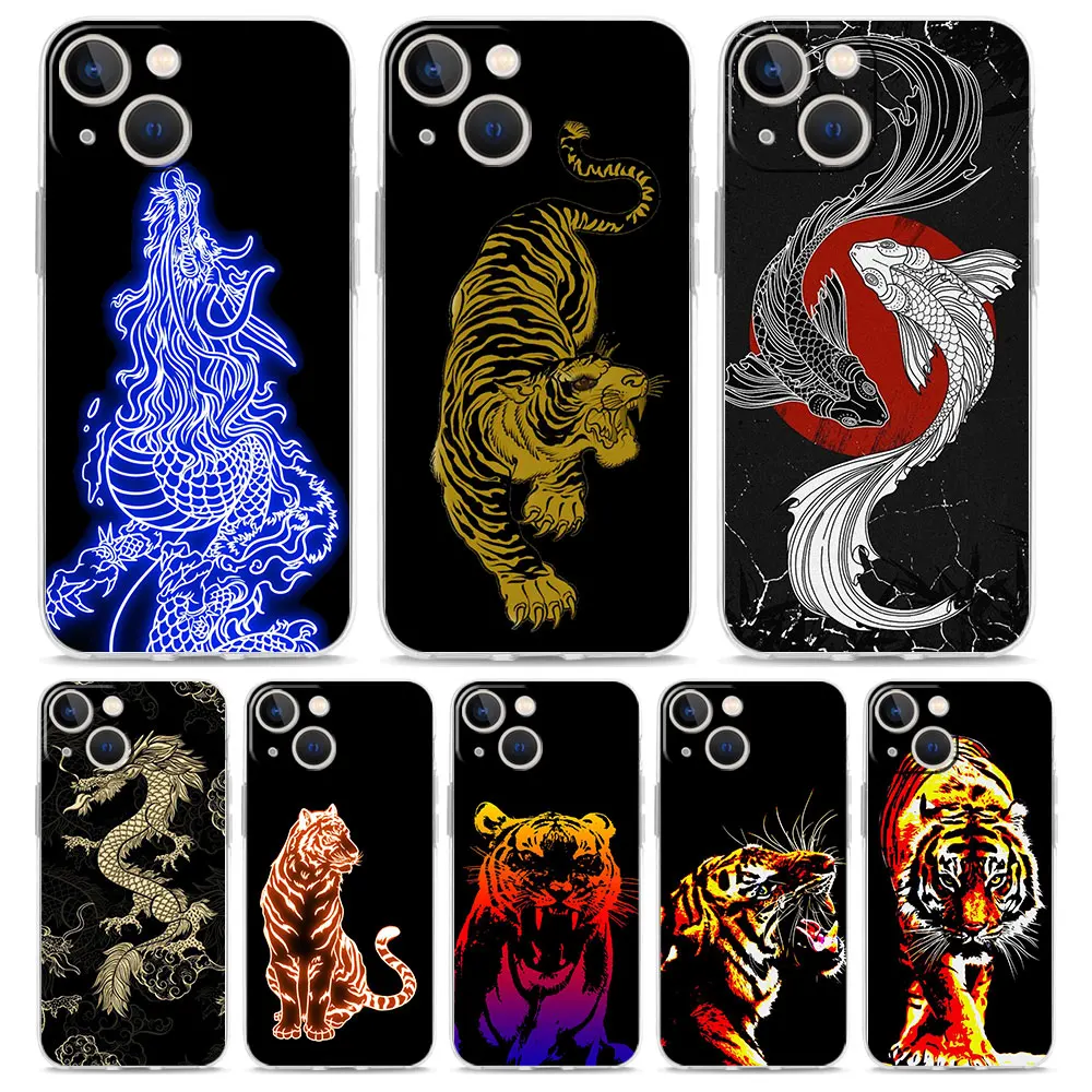 Luxury Transparent Phone Case For iPhone 15 14 13 12 11 Pro Max XS X XR 7 8 Plus Soft Clear Shockproof Cover Tiger neon Leopard