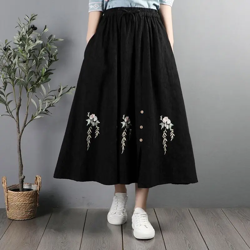 Vintage Casual Solid Embroidery Spliced Loose Skirt Summer Women\'s Clothing Fashion All-match Elastic High Waist A-Line Skirts