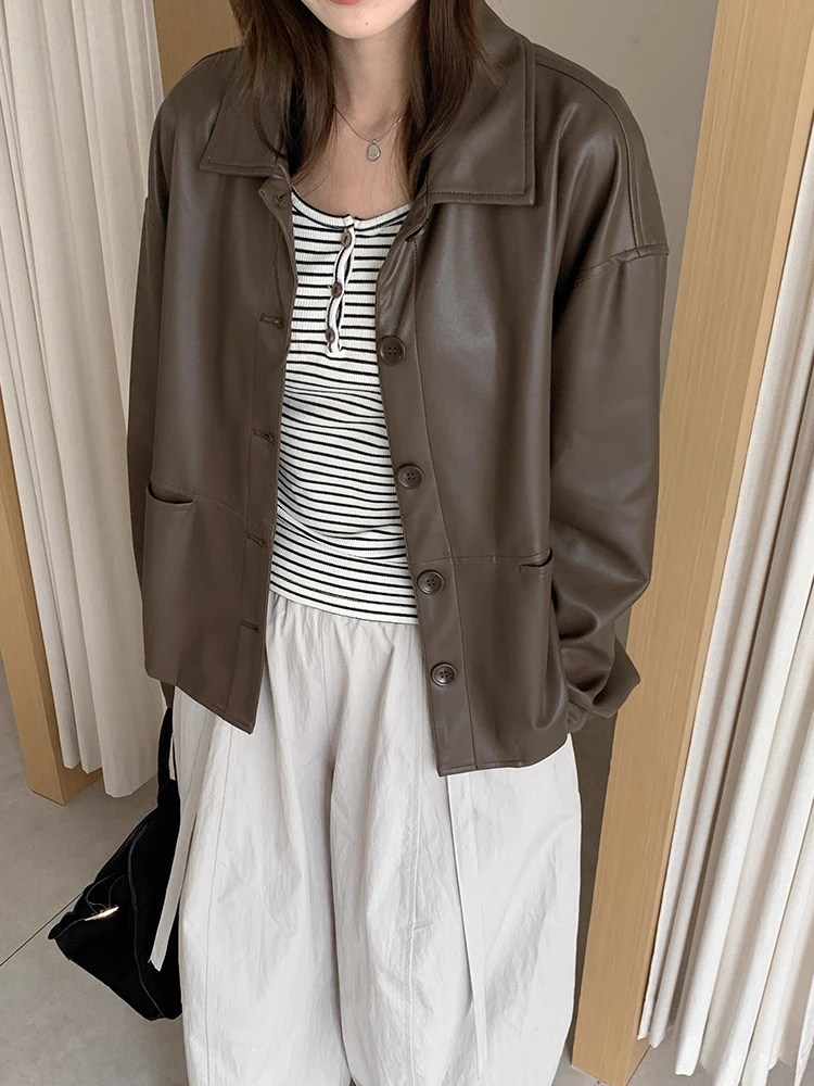 Sli Vintage Biker Jaet Cappotto da donna in pelle PU con colletto lungo e ampio, versatile capispalla autunnale Faion