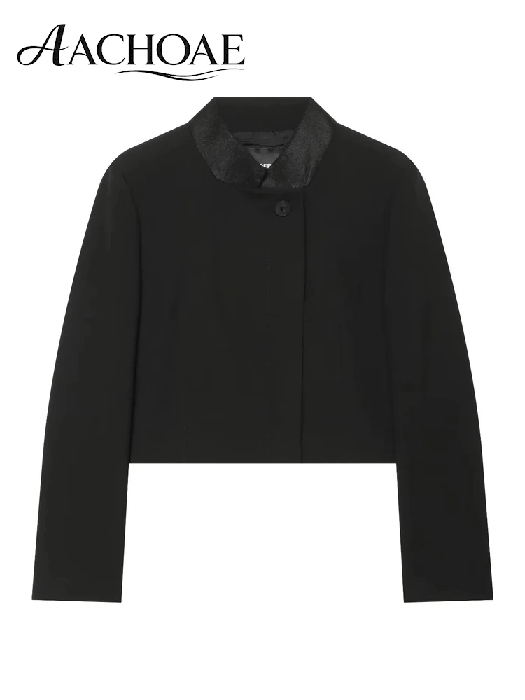 AACHOAE Women Cropped Jacket Contrast Collar Button Front Slim Long Sleeve Elegant Short Coat Office Casual Autumn Outerwear