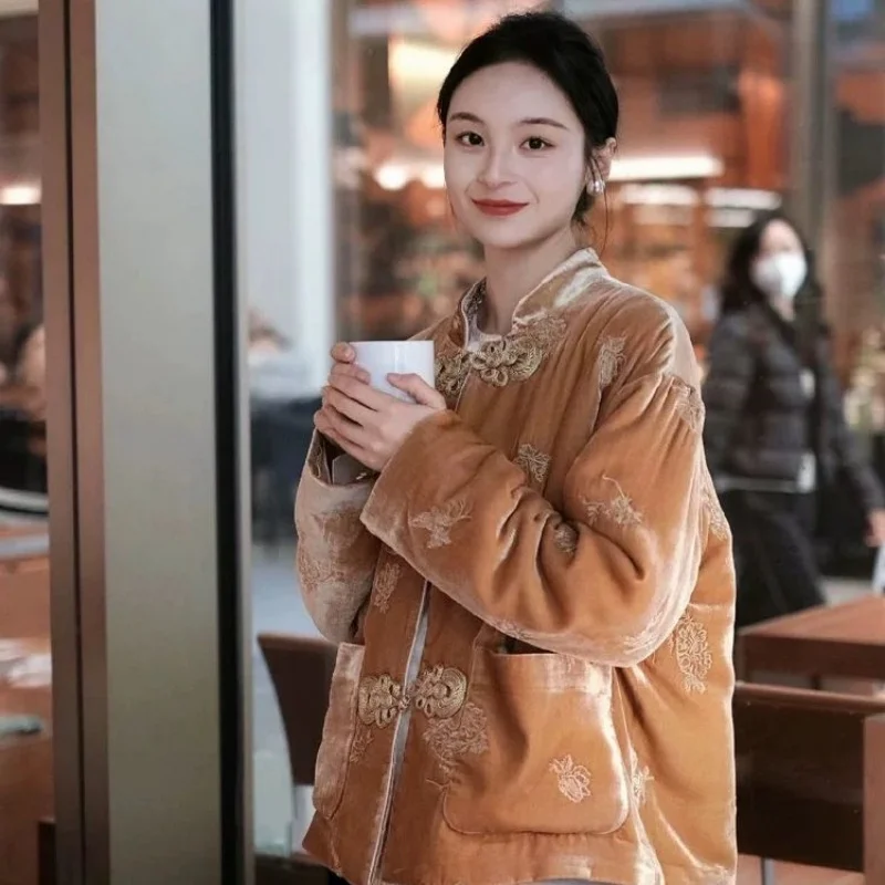 

New Chinese Style Embroidered Cotton Jacket For Women's Autumn And Winter, Improved Tang Style Coat Thickened Warm Top w1726