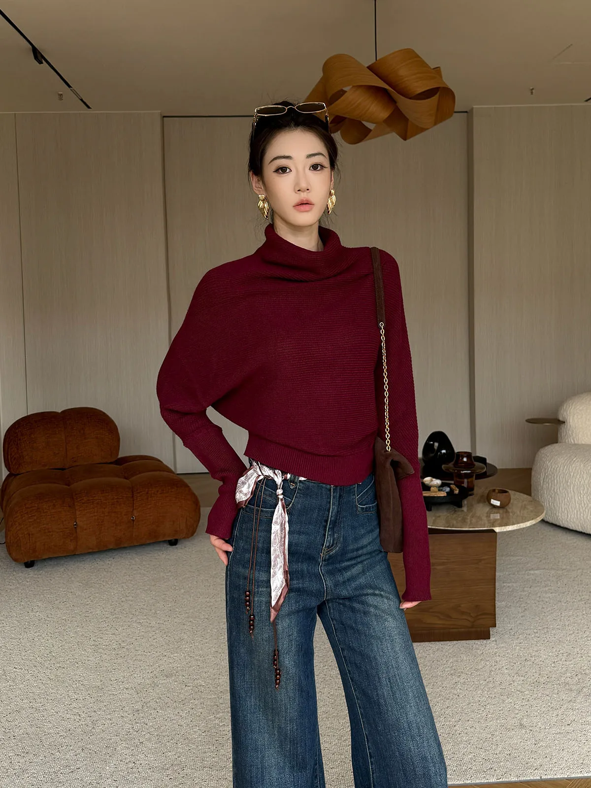 

Вязаный свитер с объемным воротником, длинный рукав, женская базовая одежда, однотонный, удобный, из полиэфирного волокна, осенний, красный