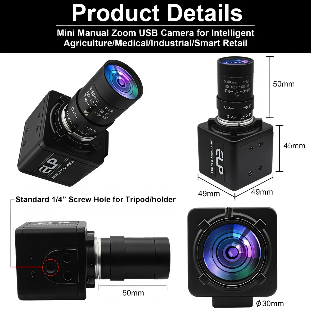 ELP 5MP Global Shutter USB Camera 50fps Varifocal Zoom Lens 5-50mm 10X Optical Zoom UVC Plug Play for High Speed Motion Capture