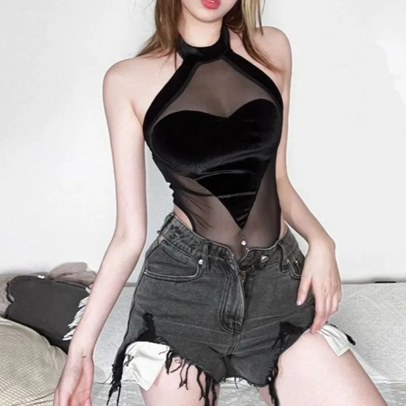 Bodysuits Women Vintage Heart Halter Mesh Patchwork Sexy Sleeveless Slim Rompers Y2k Harajuku Grunge Female Casual
