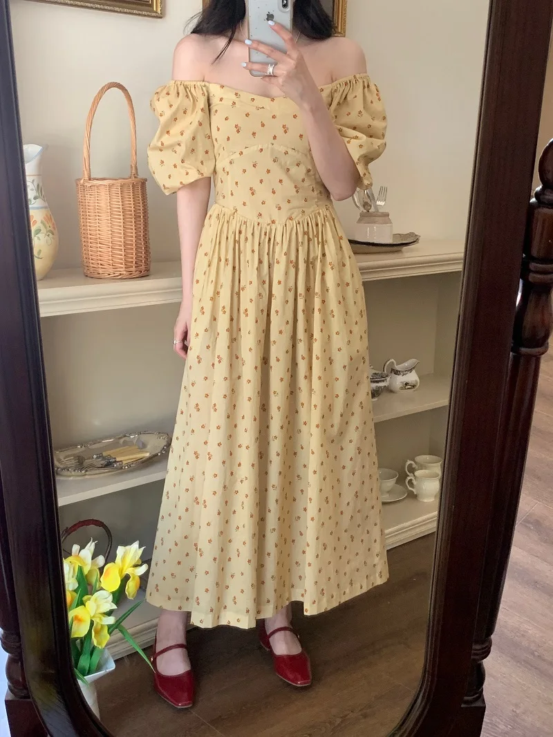 Damska letnia kwadratowa elegancka długa sukienka z kołnierzykiem 2025 kwiatowy Print bufiaste rękawy długie sukienki świąteczne Midi ubrania damskie (O1123