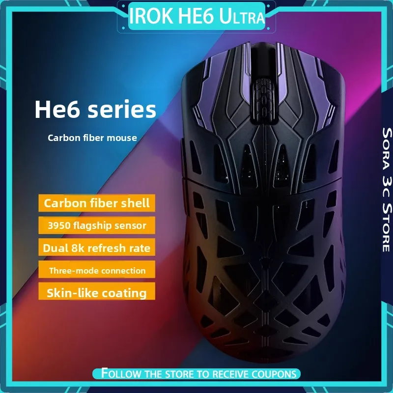 

IROK HE6 Ultra Carbon Fiber Mouse Wireless Tri Mode PAW3950 Double 8k Hollow-out Design Ergonomic Lightweight Gaming Mouse