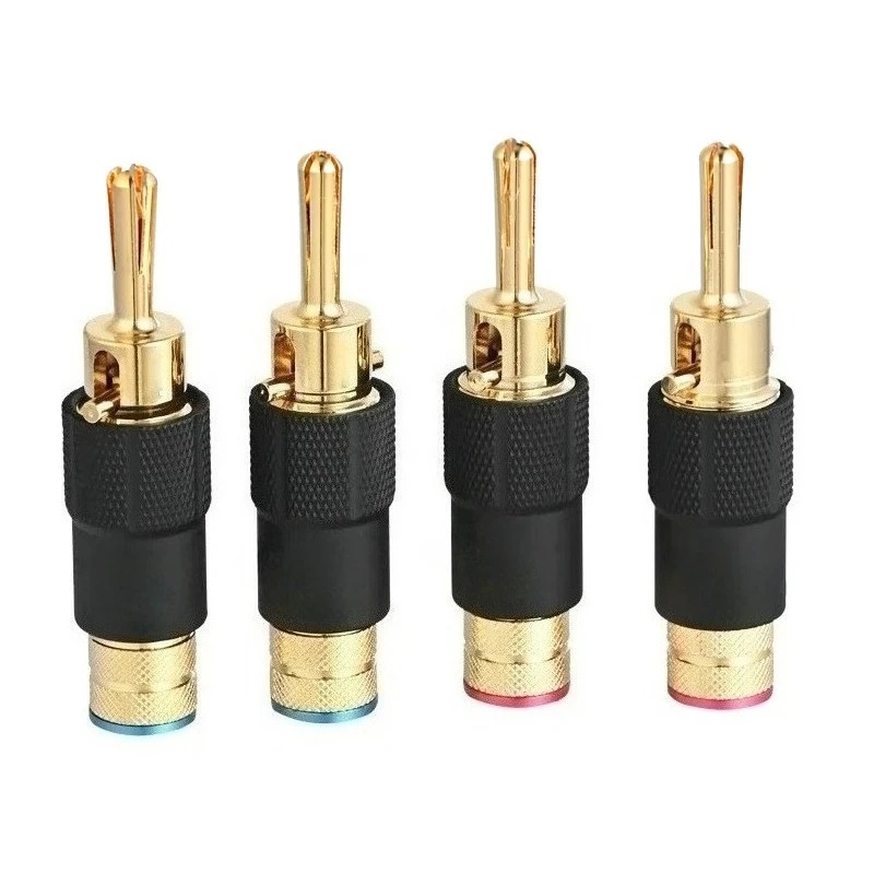 Image of Audiophiler vergoldeter Bananenstecker, selbstsichernder Lautsprecherkabelanschluss, HiFi-Audio-Verstärker-Adapter