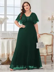 Plus Size V-Neck Sequined Chiffon Floor-Length Dress 4xl 5xl Big Size Bridesmaid Short-Sleeved Summer Luxury Evening Dress Women