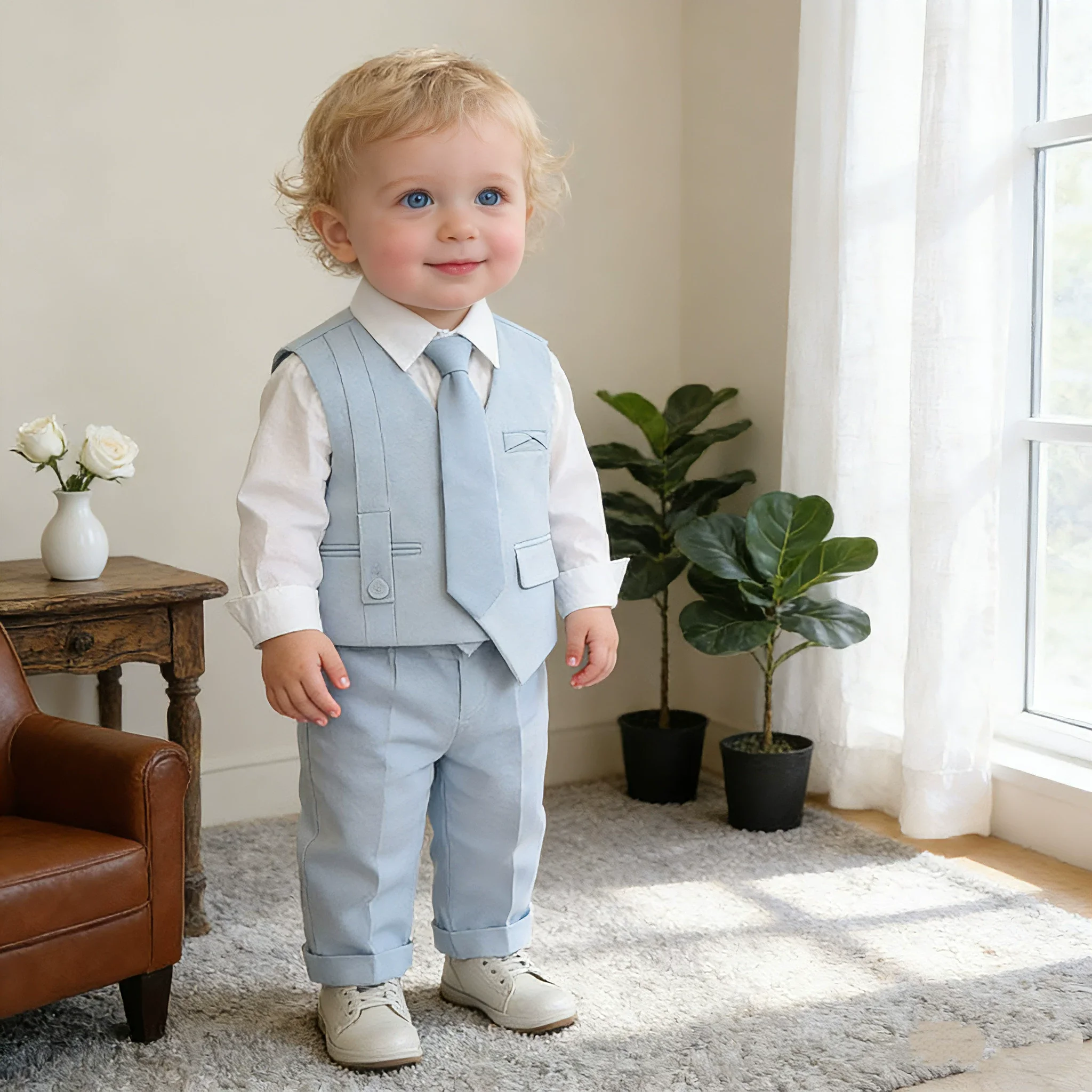 Little Boys Summer Pink Vest Shirt Pants Tie 1Year Birthday Suit Kids British Photography Suit Children Evening Party Dress