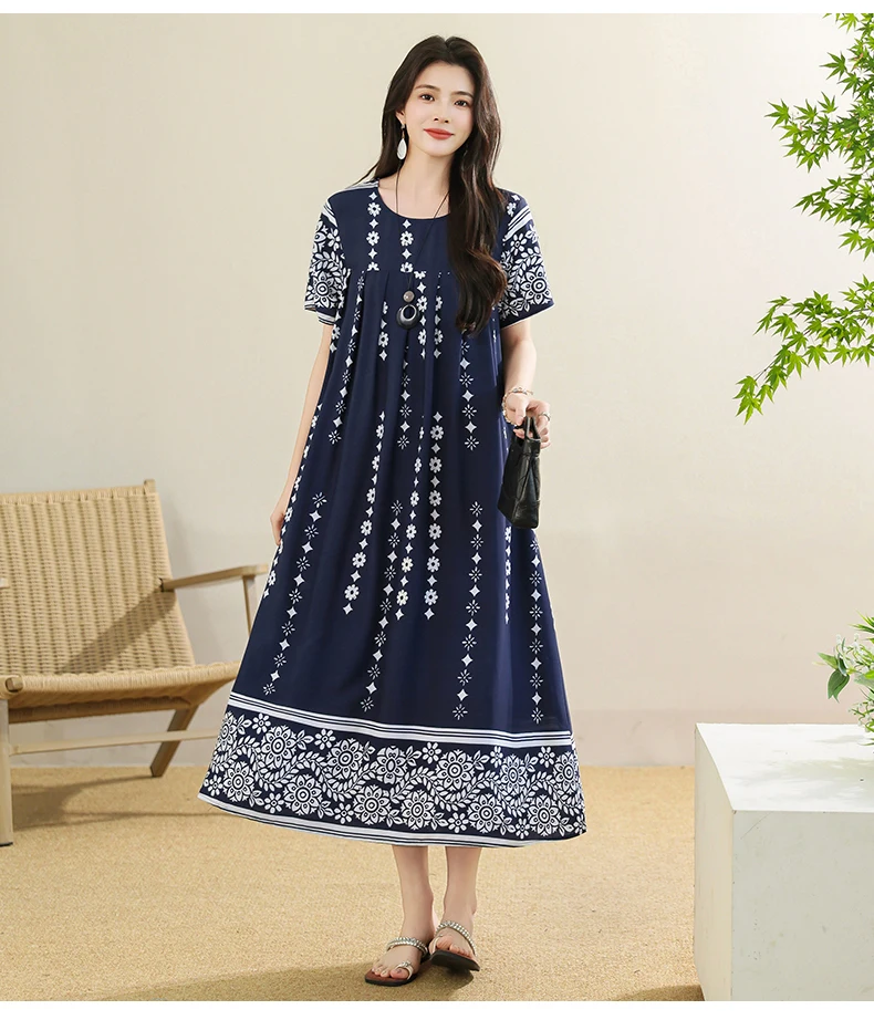 New 2025 Summer Dress For Women Plus Size Dress Casual Short Sleeve Boho Vintage Print Long Maxi Dress Beach Women Clothing