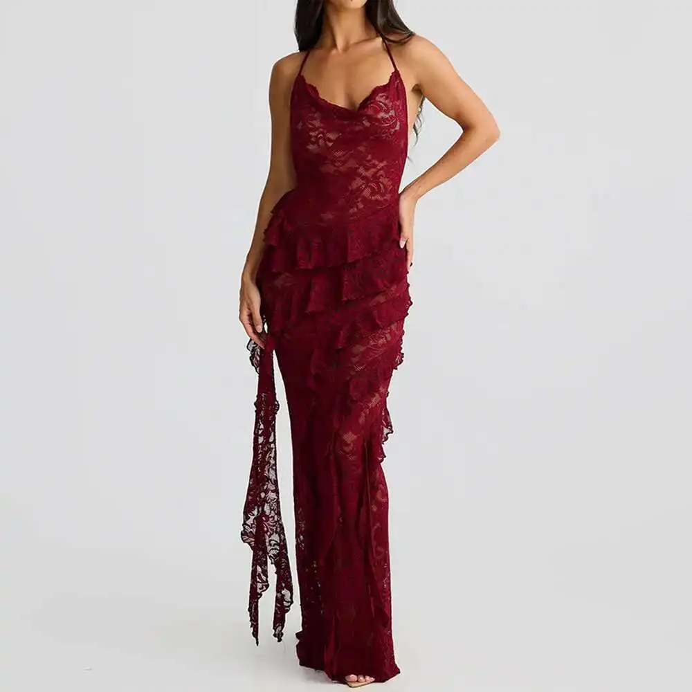 

Wind Sexy Lace Spicy Girl Dress with Neck Hanging, V-neck, Backless, Slim Fit Evening Dress, Long Skirt Robe Vestido Women Party