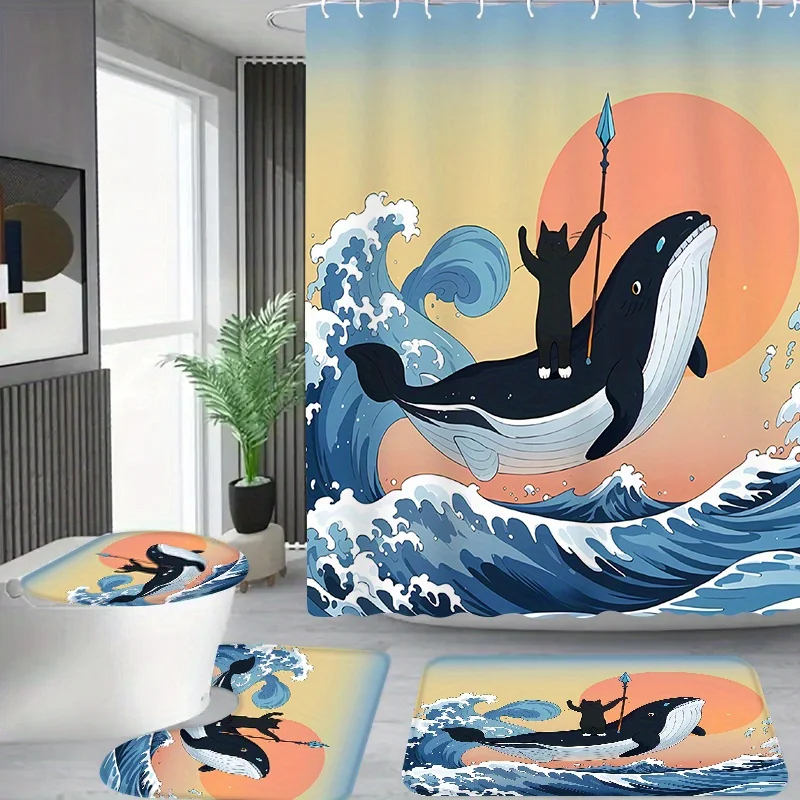 

4 шт., храбрый кот, держащий трезубец, стрелка, езда на акуле в океанских волнах, узор в квартире, ванная комната, занавеска для душа в душевой комнате