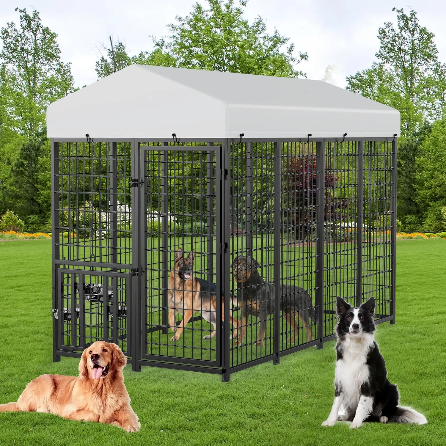 

Durable Outdoor Dog Shelter with Swivel Feeding Bowls, 8x4x5.6 ft