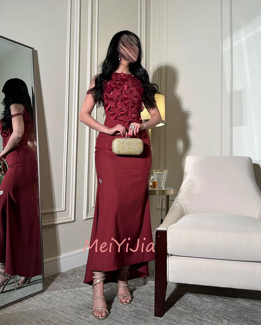 MeiYiJia O-Neck Sleeveless Simple Flower Satin Mermaid Grace Ruffle Saudi Arabia Sexy Evening Birthday Club Outfits Summer 2024