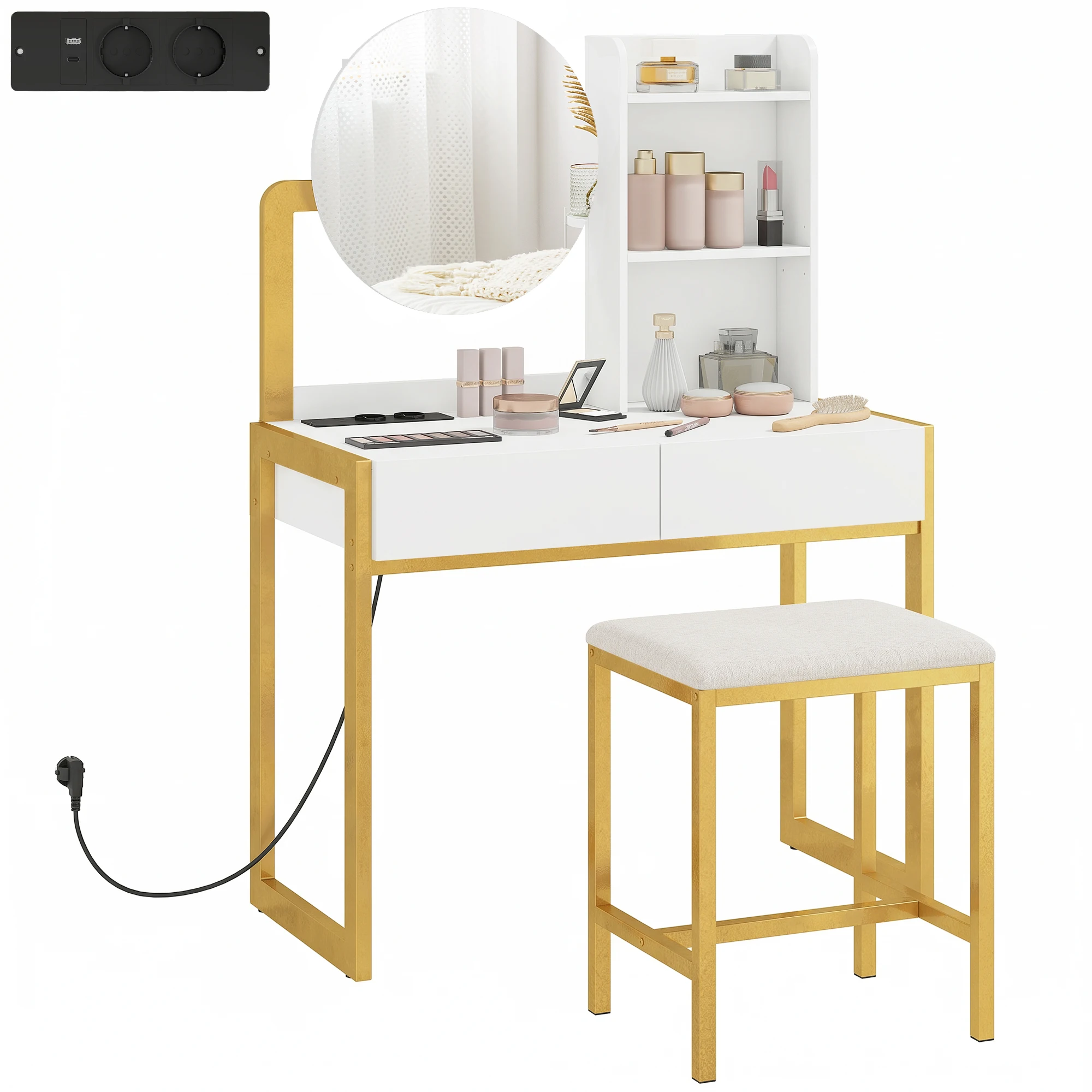 HOMCOM Tocador de Maquillaje con Espejo y Taburete Acolchado, Tocador con Estación de Carga, 2 Cajones, 3 Estantes Abiertos, Puerto USB, Estructura Metálica, para Dormitorio, Blanco