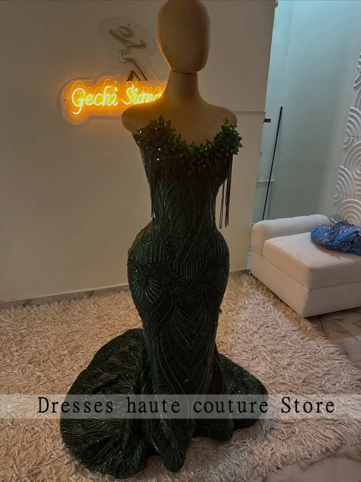 Emerald Green Beading Sequin Veil Diamond Prom Dress 2026 For Black Girl Birthday Party Dress Tassel Mermiad  Dress Customized image 3