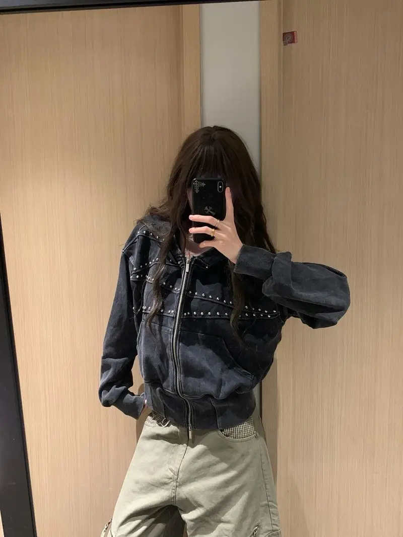 American Style Street Rivet Hooded Open Cardigan Sweatshirt Spring Autumn Women Short Waist Design Casual Loose Zipper Jacket