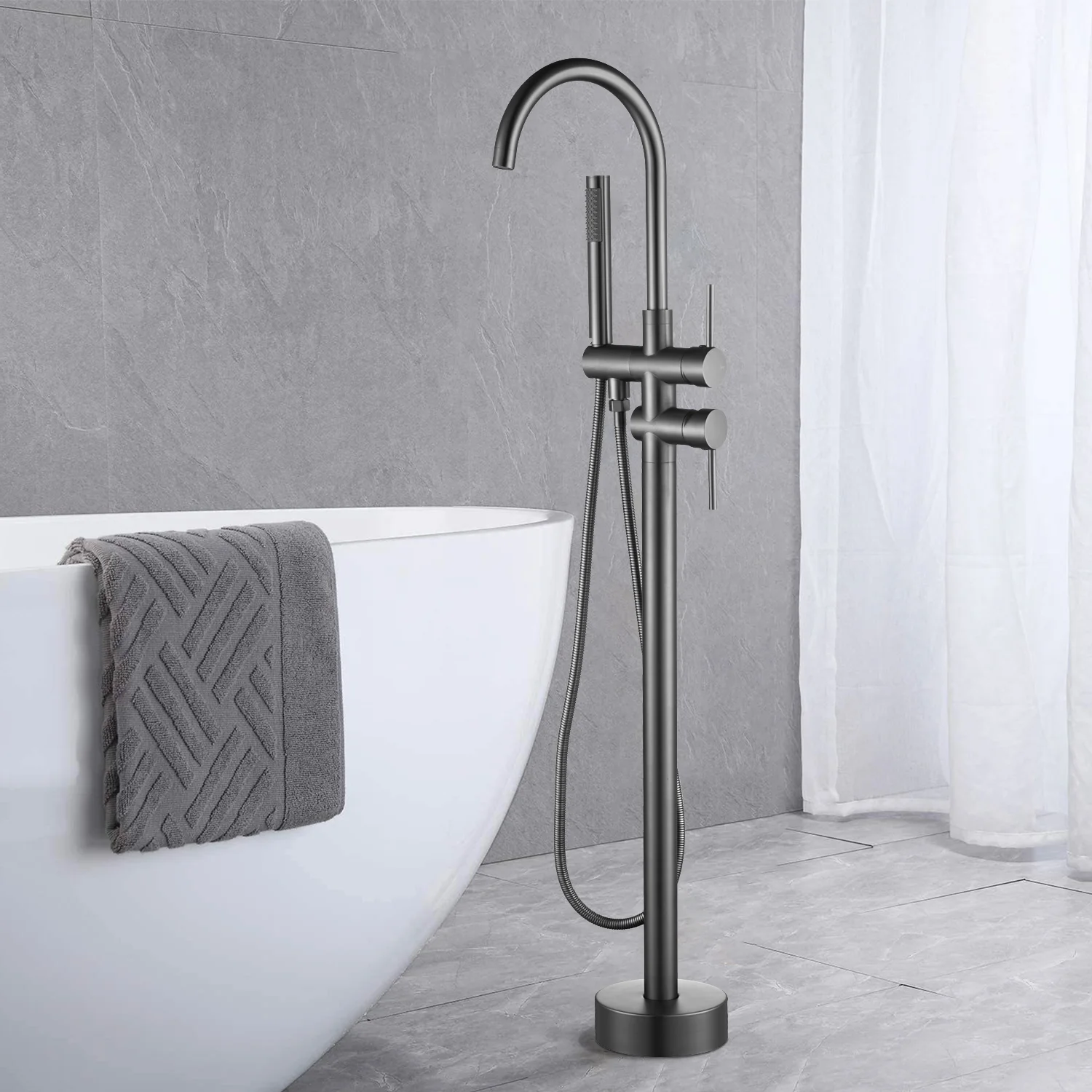 

Modern Stainless Steel Freestanding Mixer Faucet for Bathrooms Matte Grey Handheld Rain Shower Two Functions for Hotels Factory