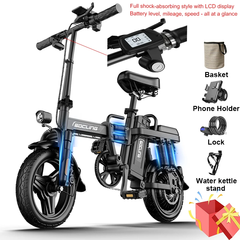 Black E-Bike, Front Shock Absorber, 500W Motor,48V Detachable Battery, 19.9MPH Top Speed, 14*2 All-Terrain Tires, Bright Headlight 3-Riding Modes Front Shock Absorptions 6-Hour Charging Time, City Commuter Bike image 2