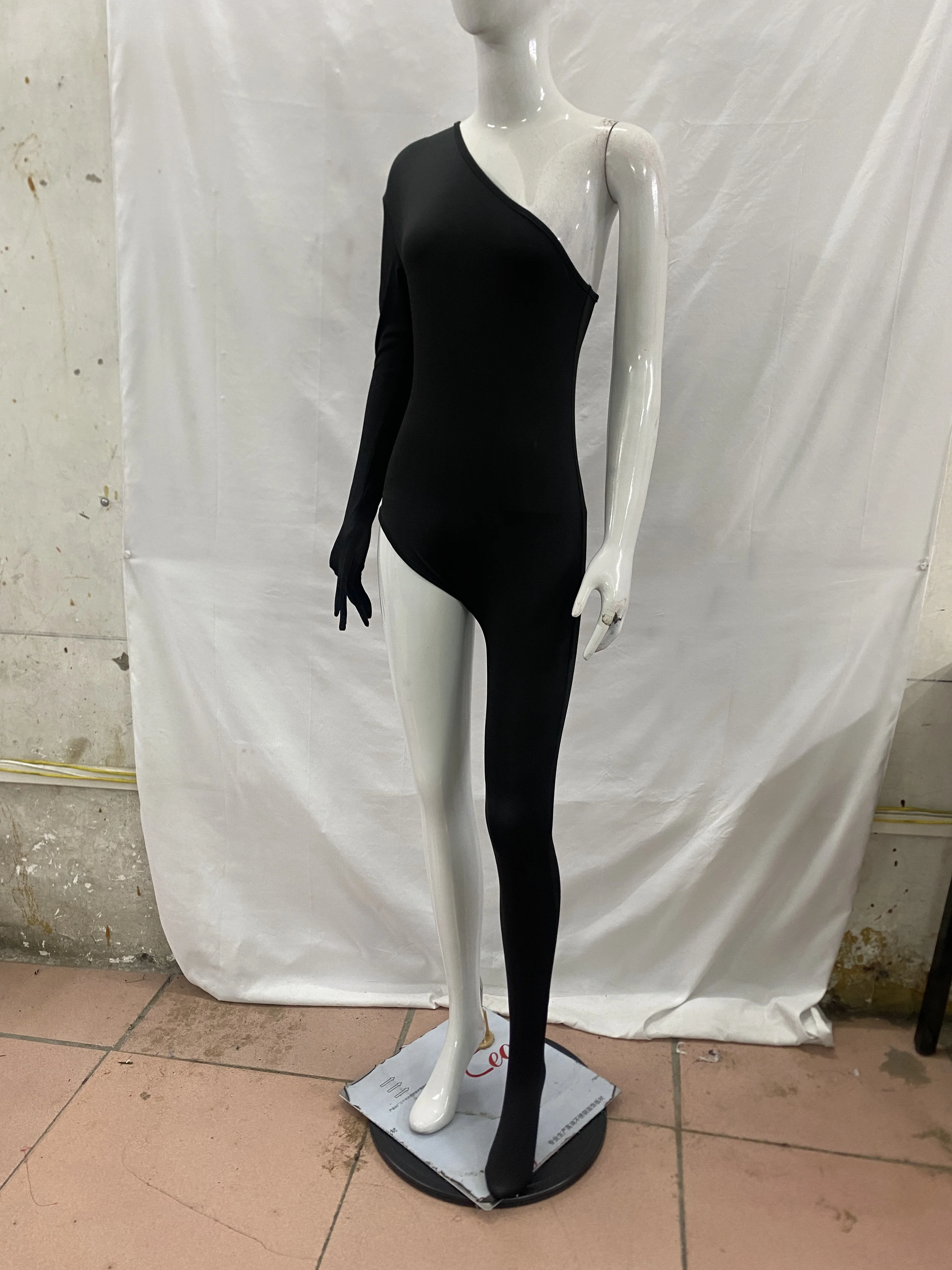 Women Long Sleeve Gloves Legging Bodycon Y2K Sexy Clubwear BodysuitOne Shoulder Asymmetrical Unitard Jumpsuit view 3