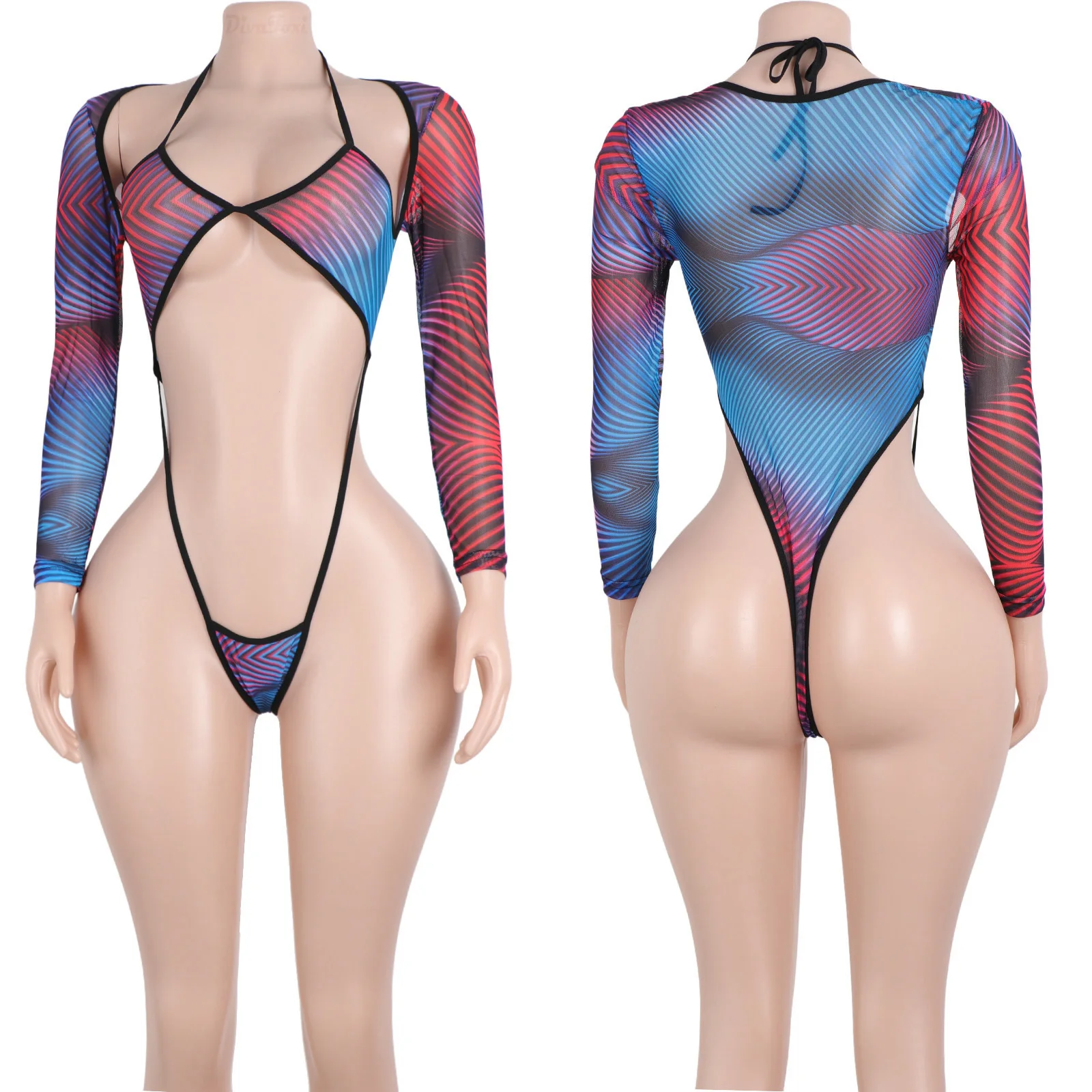 

Colorful Thong Bikini Underwear Halter Top Women Exotic Wear Clothes Performance Dancewear Mesh Shorts Dress Erotic Underwear