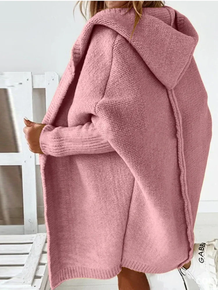 

Long Hooded Knitted Cardigan Women Sweater Knit Overcoat Loose Ladies Sweaters Coat Winter Loose Hooded Jumper Jacket Warm Coat