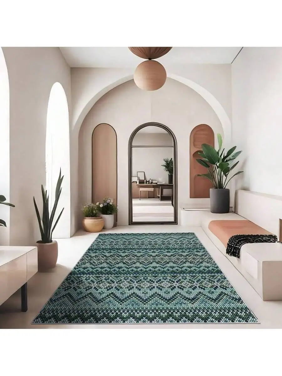 Geometric Pattern Area Rug Stain Resistant Non Shedding Washable Low Pile Floor Mat For Living Room Bedroom