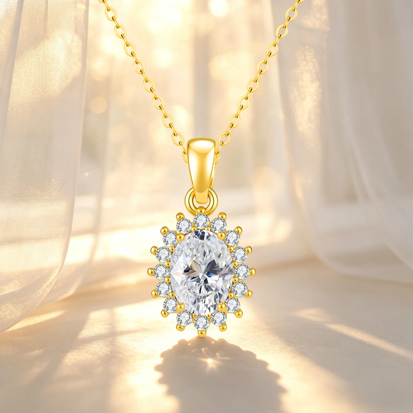 LAMVOICE 18K vergoldete ovale AAAAA+ Zirkon-Sonnenblumen-Halskette, hypoallergen, anlaufgeschützt, verstellbare Kette, Geschenk für Frauen, Schmuck.