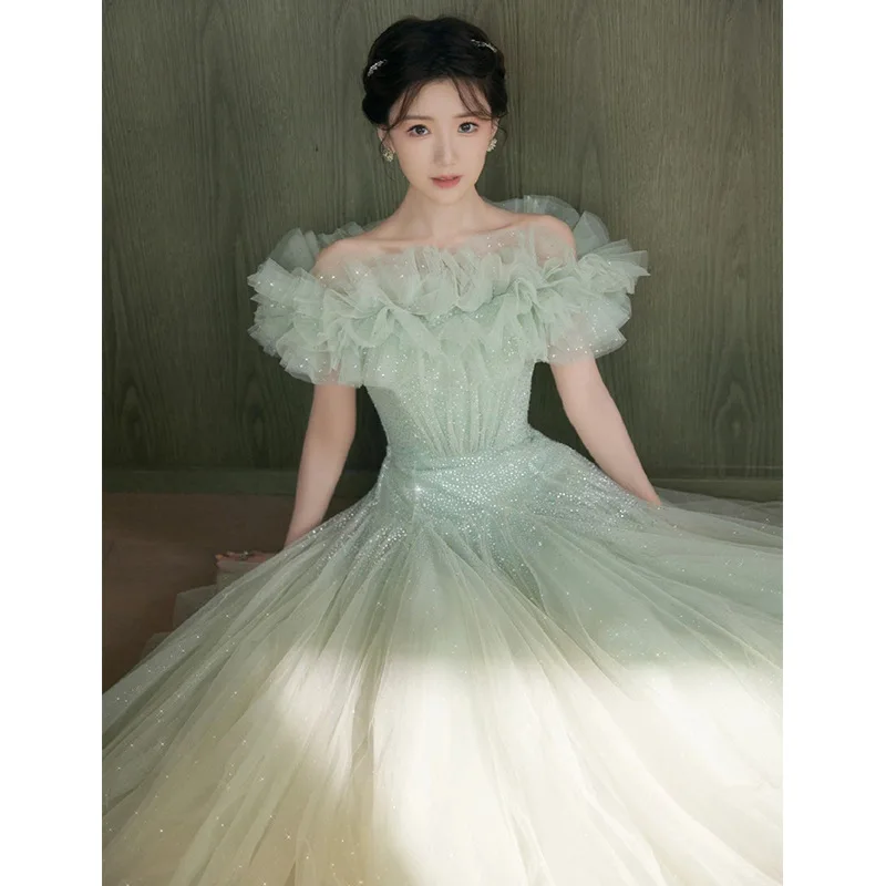 

Forest Style Green Evening Dress BoatNeck Pleats A-line Length Gown Shiny Dreamy Gorgeous Princess Dress 2024 New Fairy Dresses