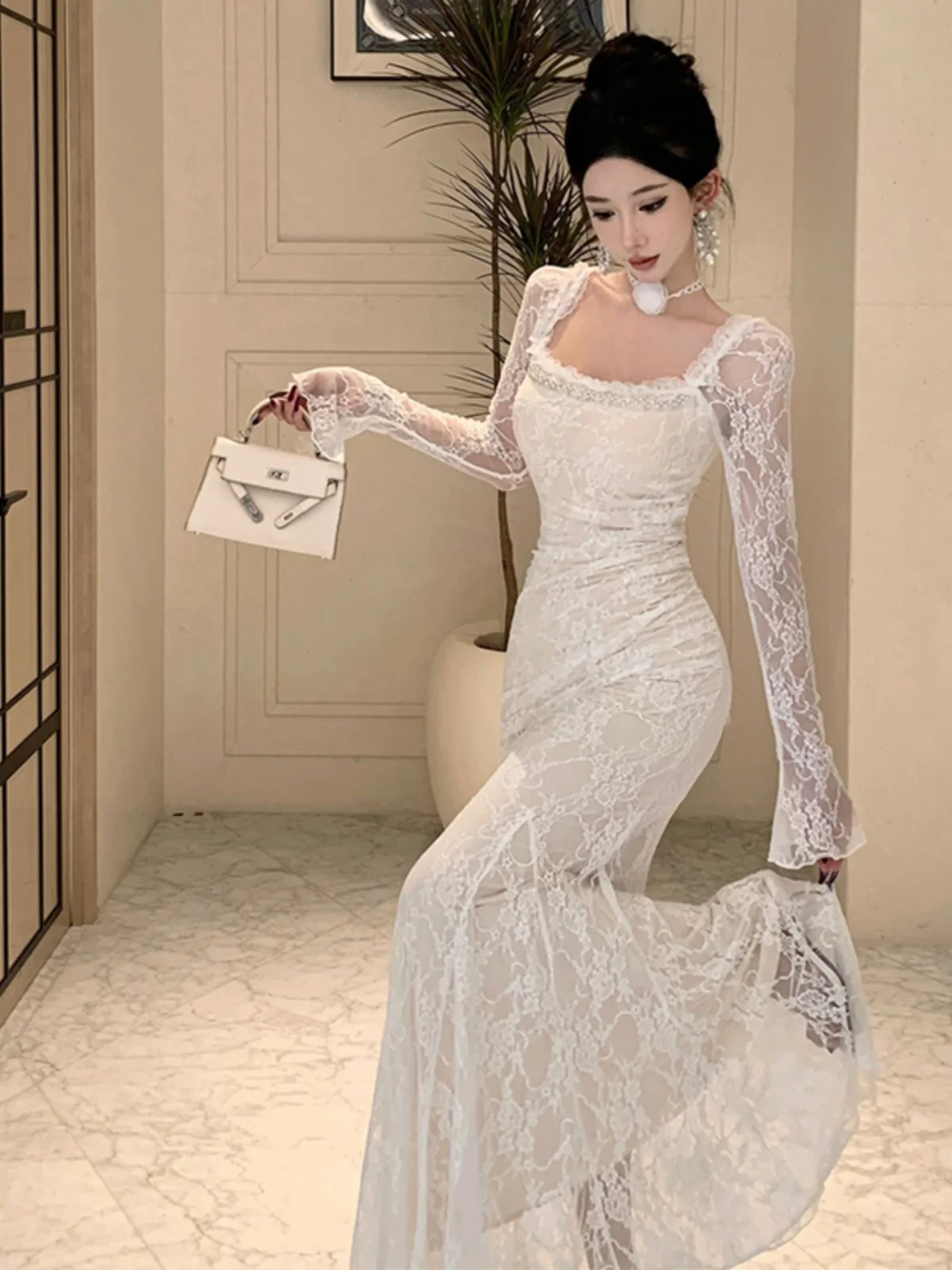 

Ele белое кружевное бальное платье, женское осенне-зимнее сексуальное облегающее облегающее длинное вечернее платье с хвостом, костюм КТВ