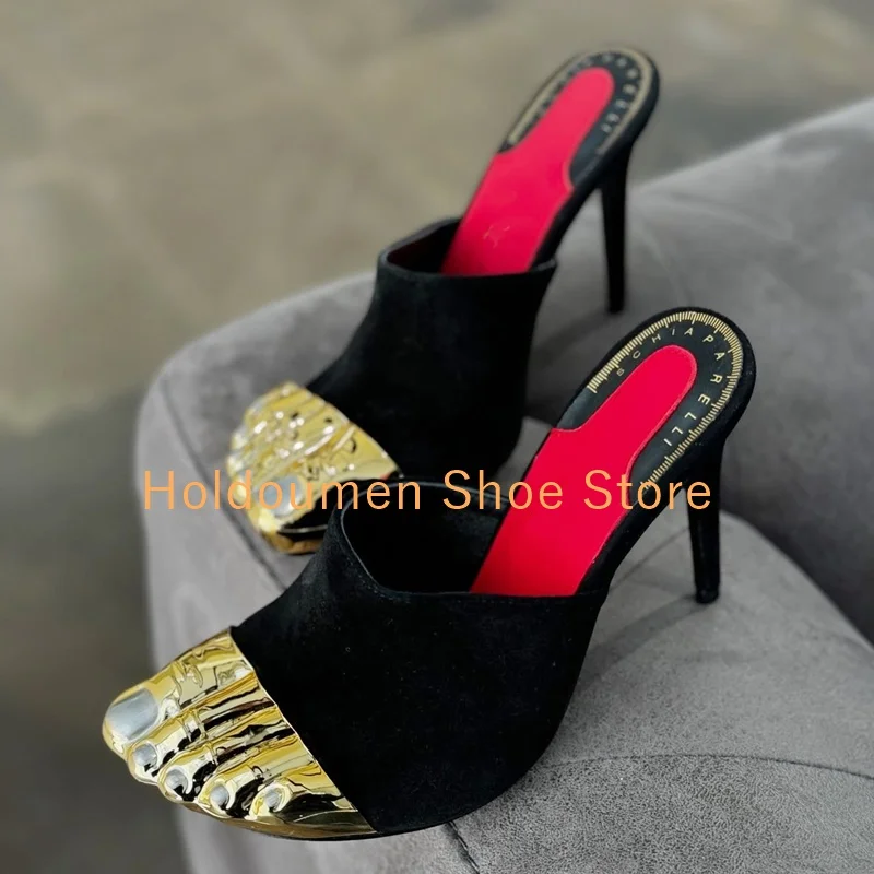 

Women's Pointed Toe Golden Five Toes Slingback Slippers Luxurious Black Gold Spliced ​​material Stiletto Slippers Strange Style