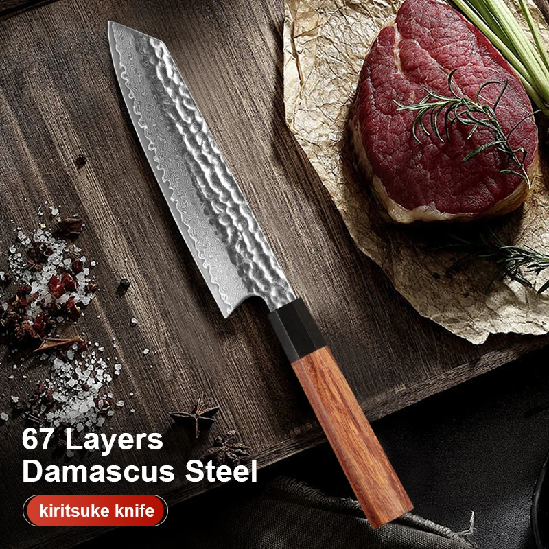 Cuchillo de chef de cocina de 8 pulgadas, 67 capas de acero damasco, núcleo Vg10, cuchillo forjado Kiritsuke japonés, mango octagonal rojo de alta calidad
