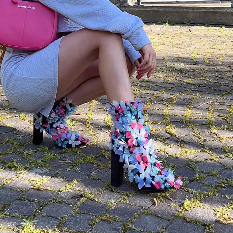 Onlymaker damskie botki szpiczasty nosek Chunky Heel Butterfly Booties buty imprezowe duży rozmiar ręcznie robione buty na zamek błyskawiczny