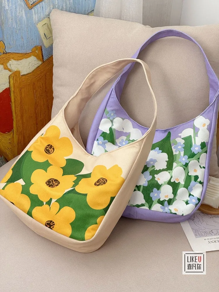 Huffmanx Fashion Simple New Garden Style Flower Drawing Literature Shoulder Underarm Bag Small Fresh Commuting Hundred Tote Bag