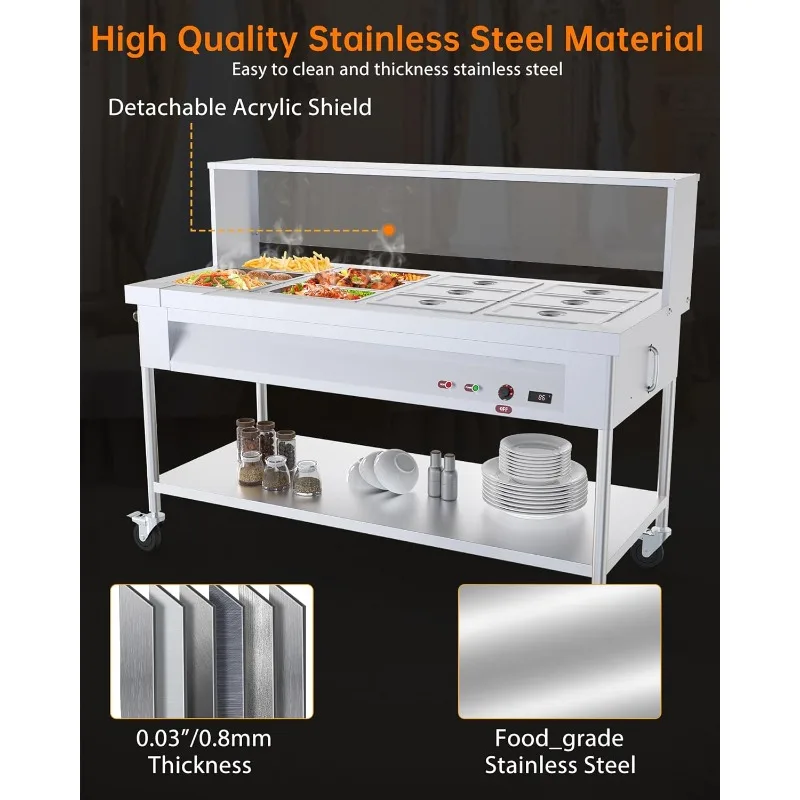 سخان الطعام التجاري 12x8QT طاولة بخار كهربائية 12 مقالي مع درع أكريليك من الفولاذ المقاوم للصدأ باين ماري كونترتوب مع L