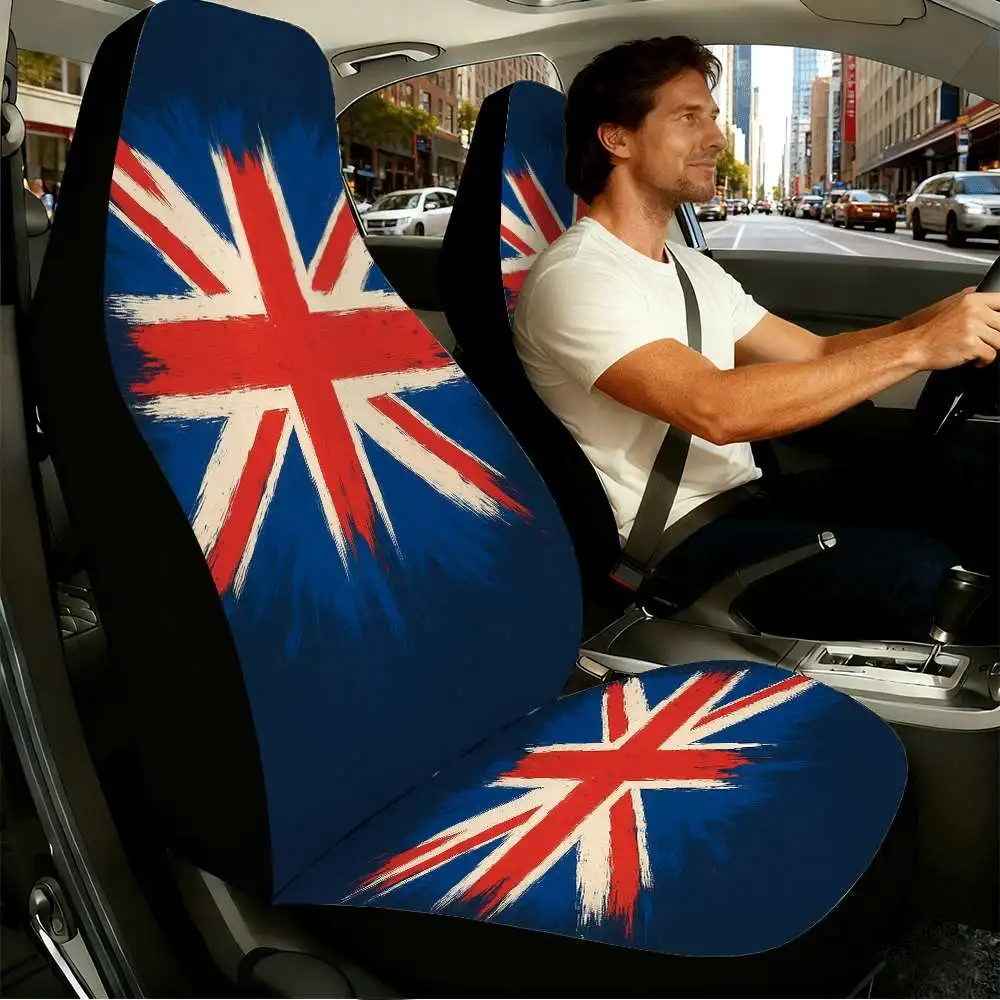 2pcs Artistic Union Jack Flag Car Seat Covers Suitable For Front Seats, High Back Design, Material, Suitable For Cars, SUVs And