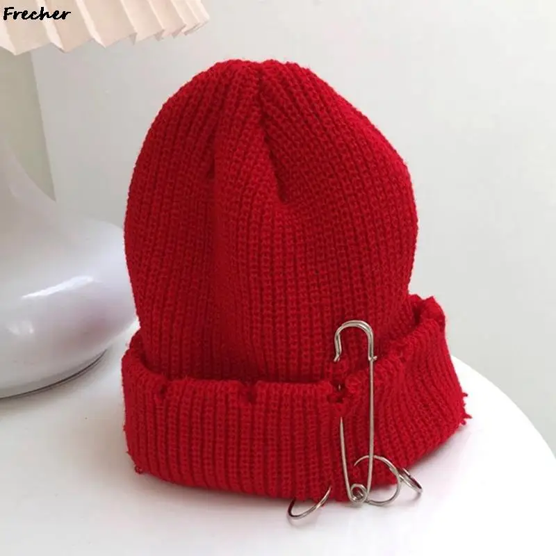 Gothic Punk Style Knitted Hat Women Men Brimless Streetwear Metal Rings Bonnet Caps Ripped Holes Hip Hop Hats Slouchy Headwrap