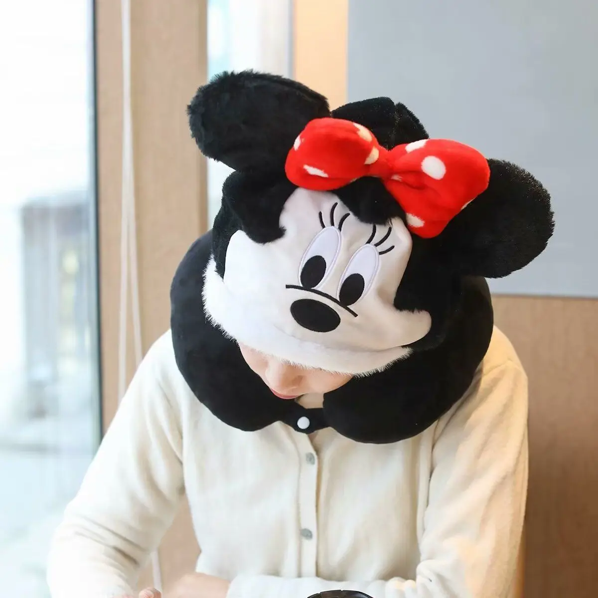 Disney Mickey Minnie Mouse Hooded U-shaped Pillow Disney Minnie Neck Pillow Travel Portable Airplane Pillow Cervical Pillow Gift