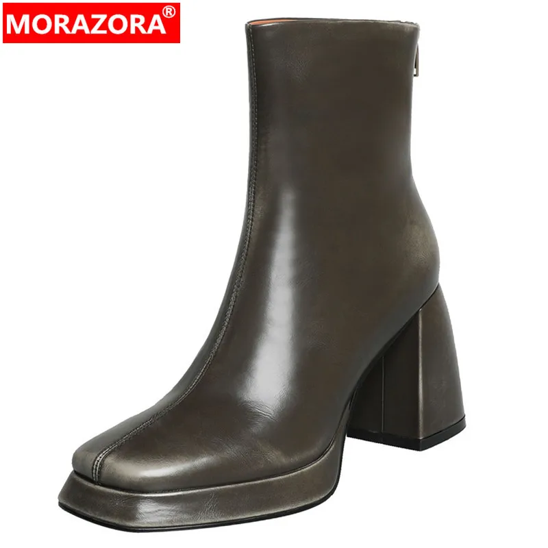

MORAZORA 2024 New Genuine Leather Women Boots Zipper Ankle Boots For Women Winter Short Booties Ladies Thick High Heels Shoes