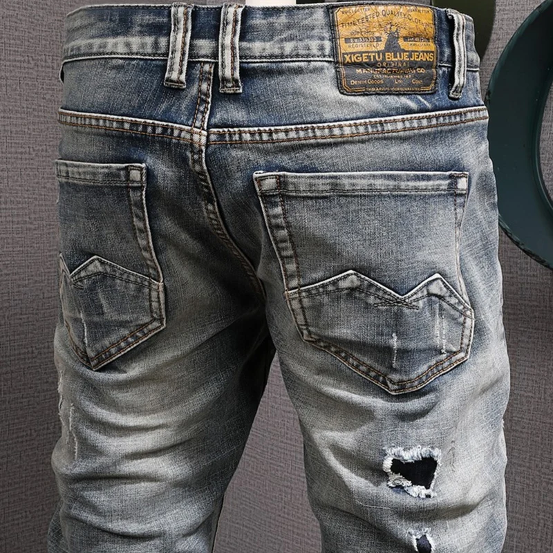 Fashion Embroidery Designer Men Jeans Retro Gray Blue Elastic Slim Fit Hole Ripped Jeans Men Patched Vintage Denim Pants Hombre