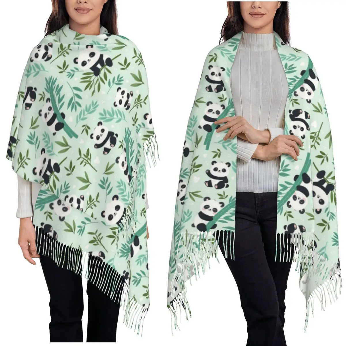 Cartoon Panda And Bamboo Pattern Scarf Tassel Scarves for Women Soft Warm Shawls and Wraps Large Fall Winter Shawl Wrap