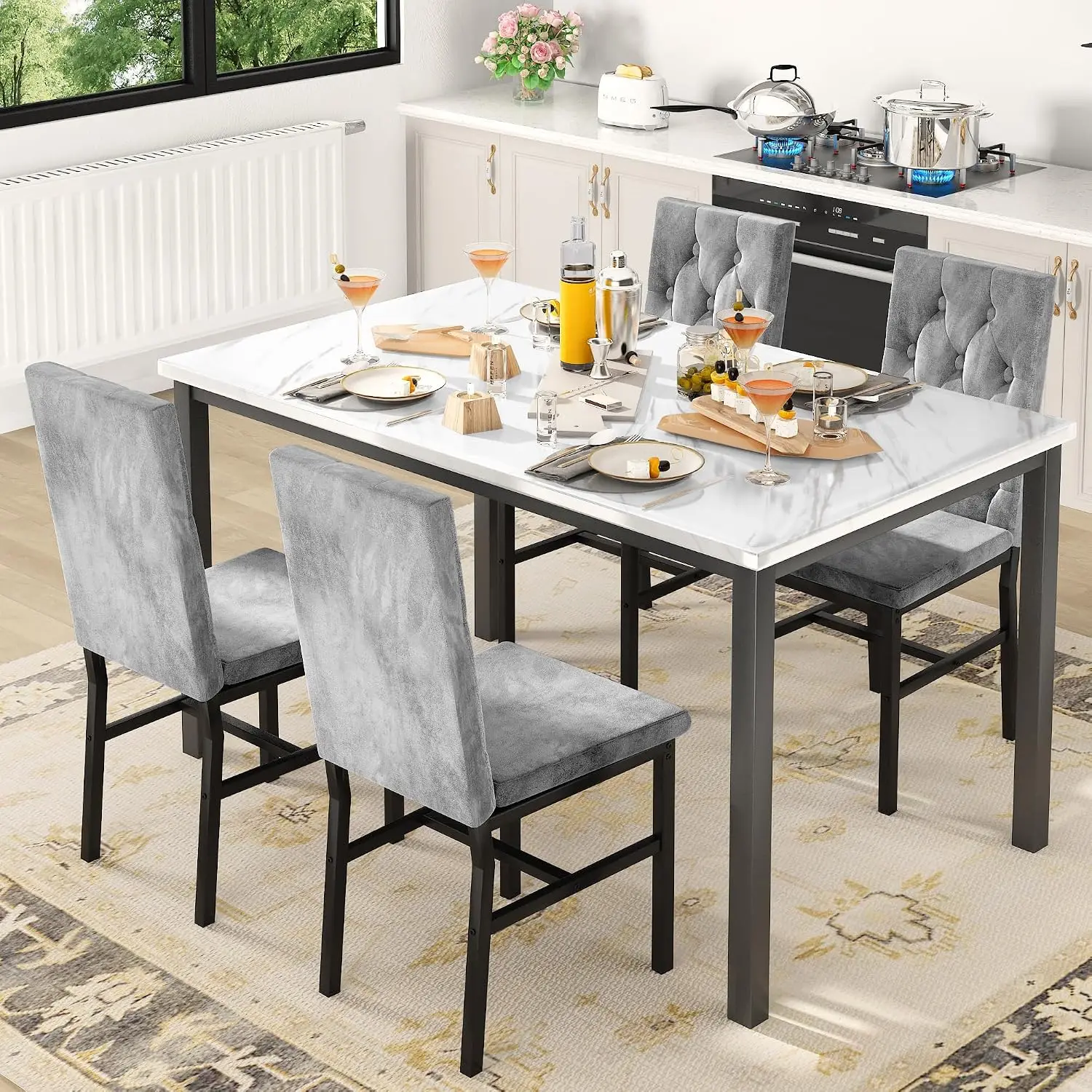 Dining Table Set for 4, Faux Marble Small Kitchen Table Chairs Set of 4 with Luxurious Button Tufted Dinner Chairs for, Custom image 2