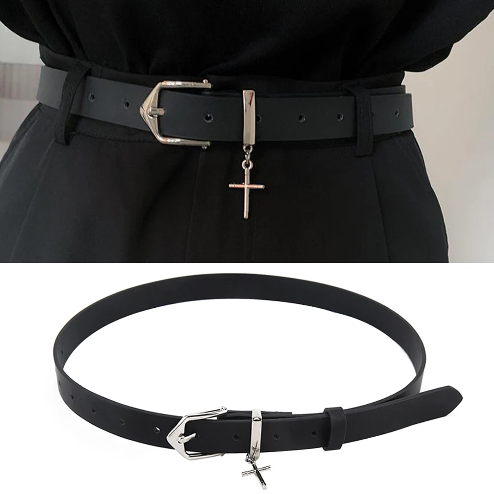 Fashion Pin Buckle Thin Belt Metal Cross Pendant Belt Men With Cargo Pants Jeans Windproof PU Leather Casual Black Waist Belt