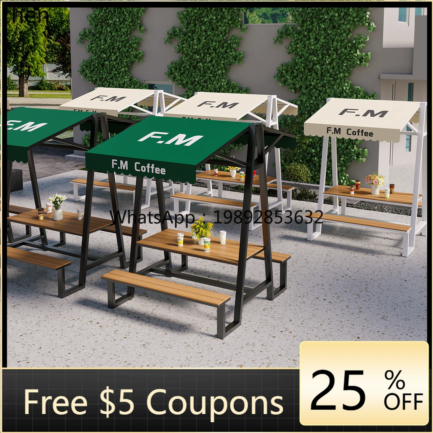 LYY Outdoor Scenic Area Market Rest Dining Table and Chair Set with Canopy for Open-Air Coffee Shop Outdoor Display