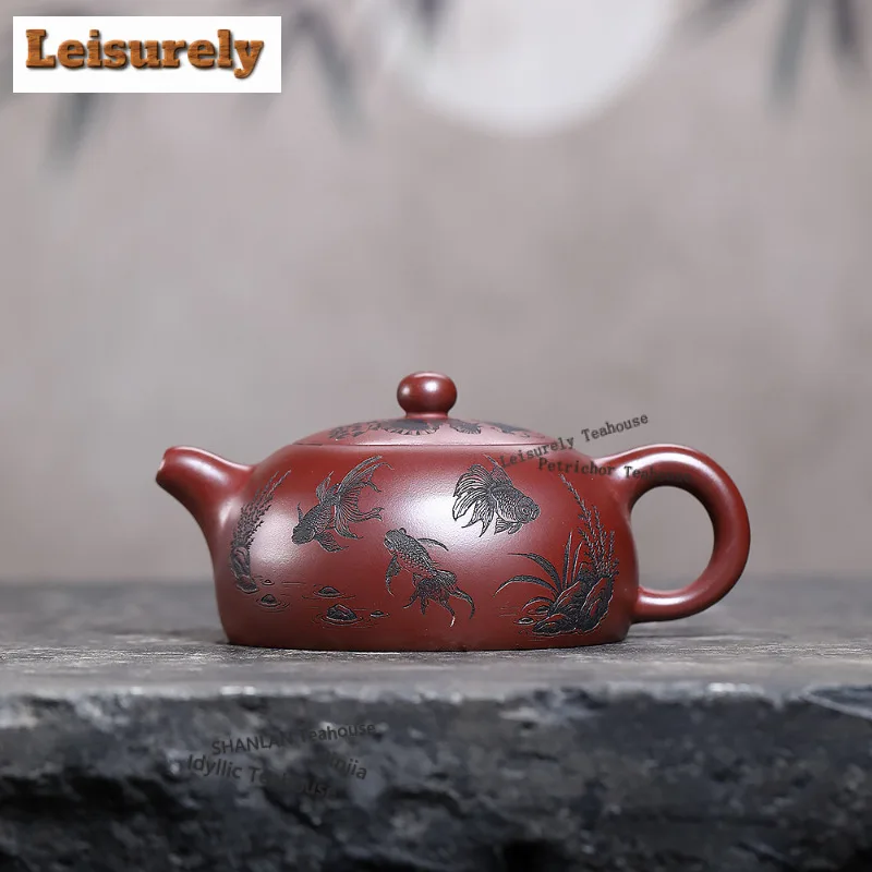 

340ml Yixing Purple Clay Teapots Handmade Lotus Carp Pot Raw Ore Red Leather Dragon Mud Tea Brewing Kettle Chinese Zisha Teaset
