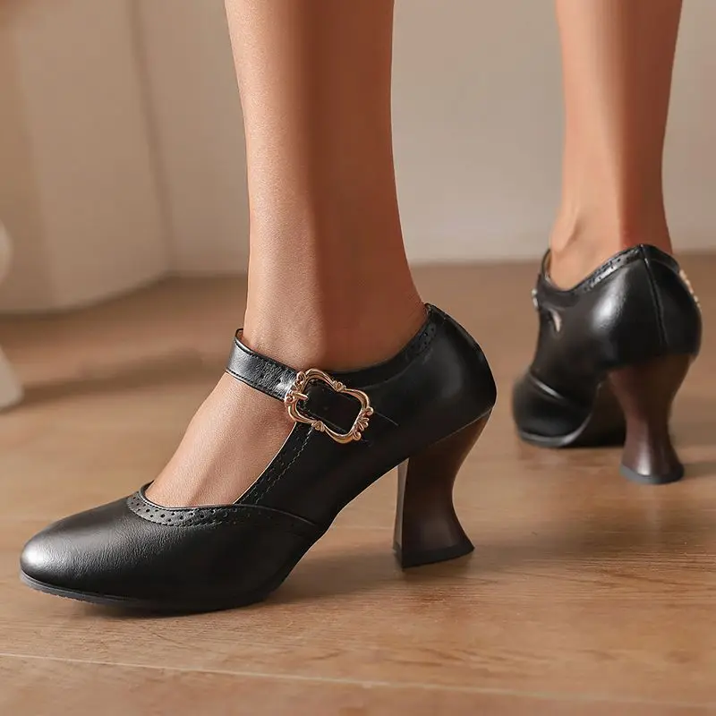 

ORCHALISA Design Mary Janes Женские туфли-лодочки с круглым носком на странном каблуке 6,5 см с пряжкой и ремешком Большой размер 46 47 48 Женская обувь Sweet Dating